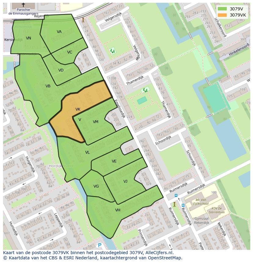 Afbeelding van het postcodegebied 3079 VK op de kaart.