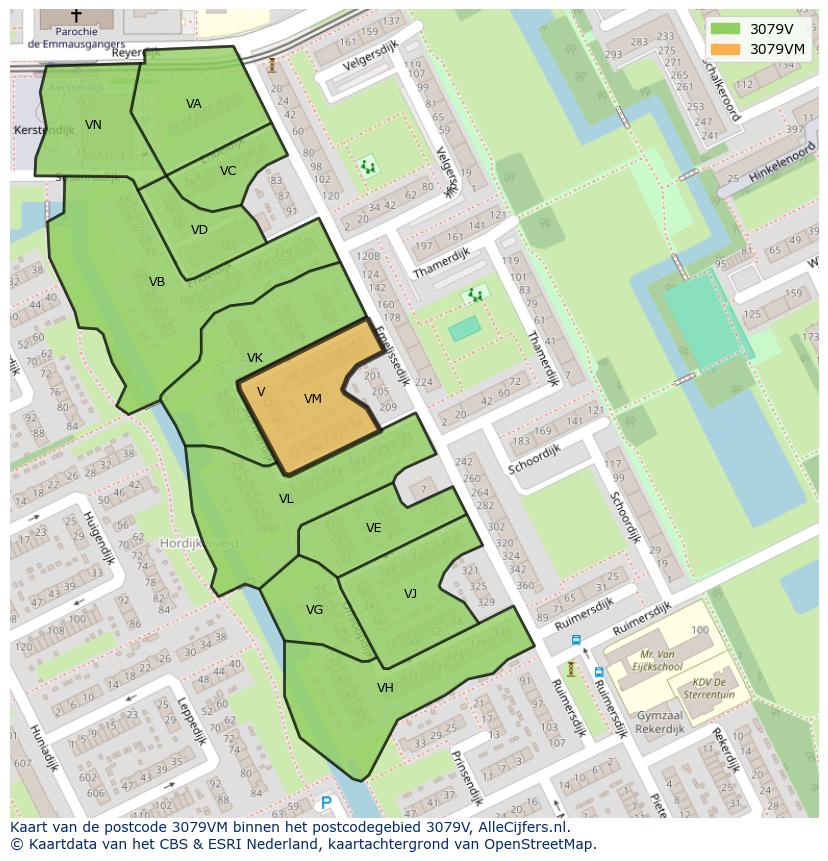Afbeelding van het postcodegebied 3079 VM op de kaart.