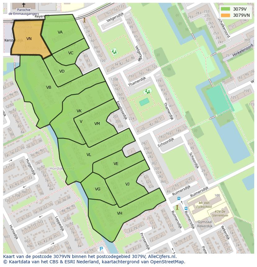 Afbeelding van het postcodegebied 3079 VN op de kaart.