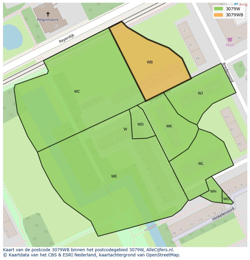 Afbeelding van het postcodegebied 3079 WB op de kaart.