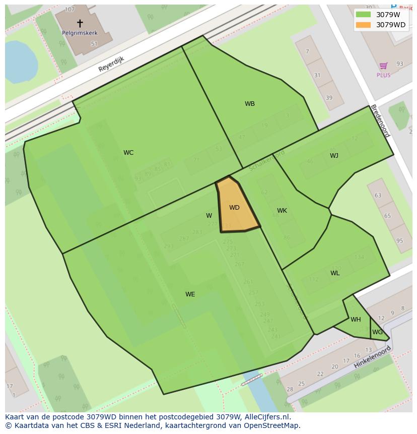 Afbeelding van het postcodegebied 3079 WD op de kaart.