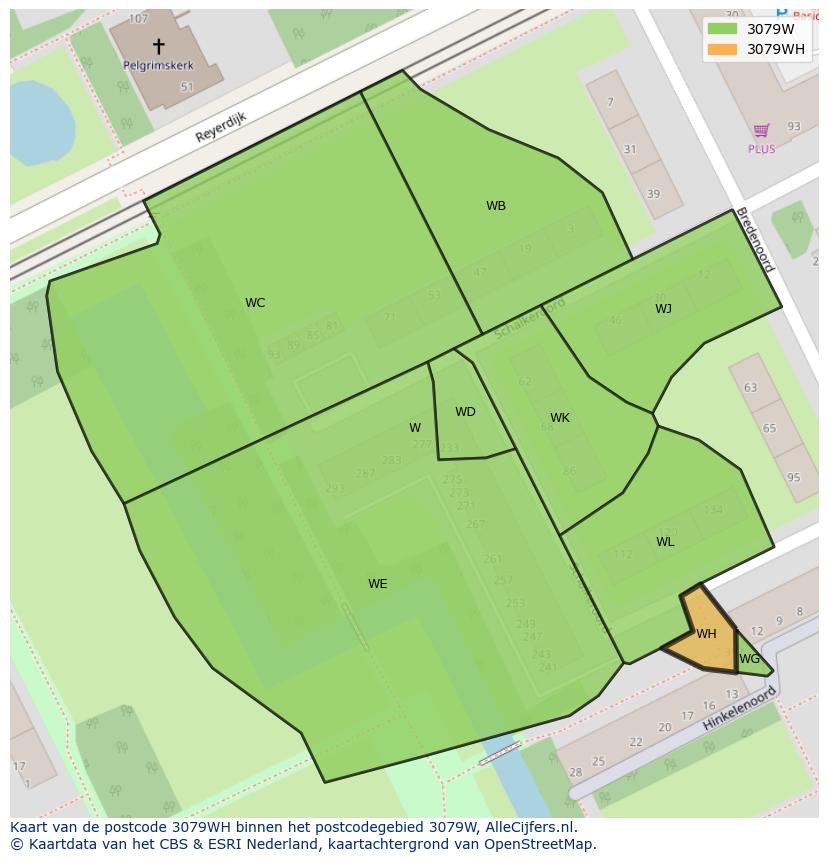 Afbeelding van het postcodegebied 3079 WH op de kaart.
