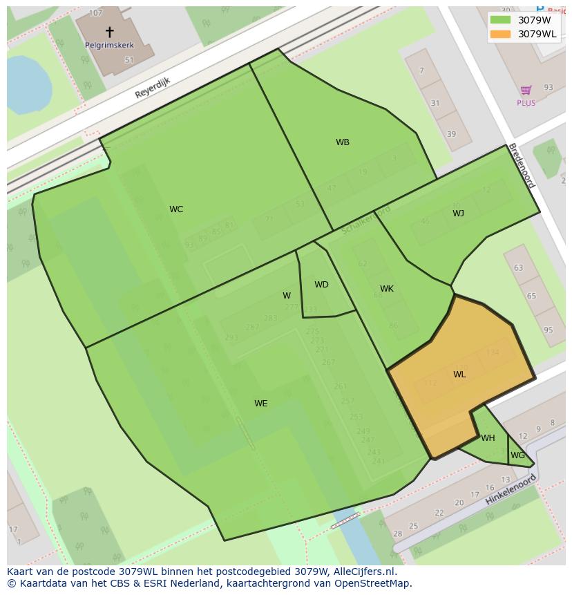 Afbeelding van het postcodegebied 3079 WL op de kaart.
