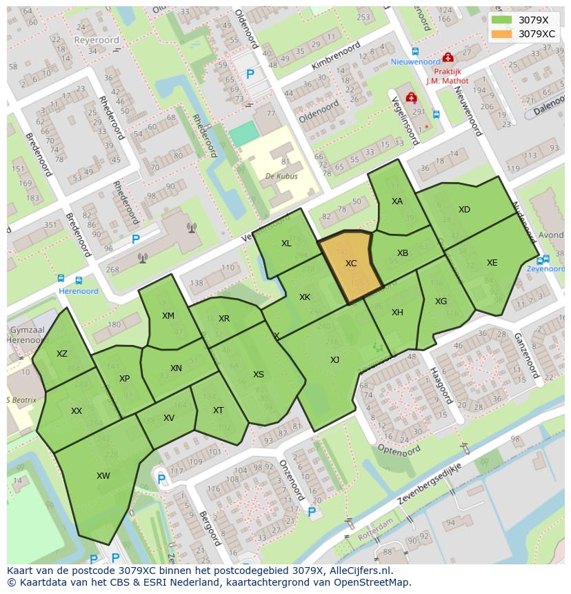Afbeelding van het postcodegebied 3079 XC op de kaart.