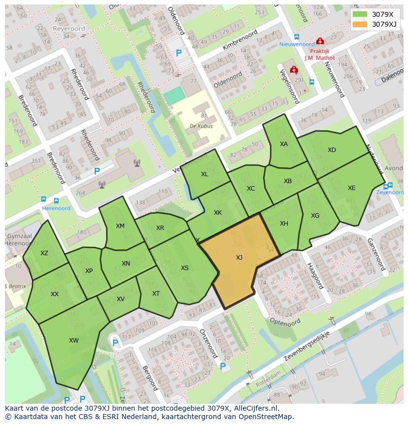 Afbeelding van het postcodegebied 3079 XJ op de kaart.