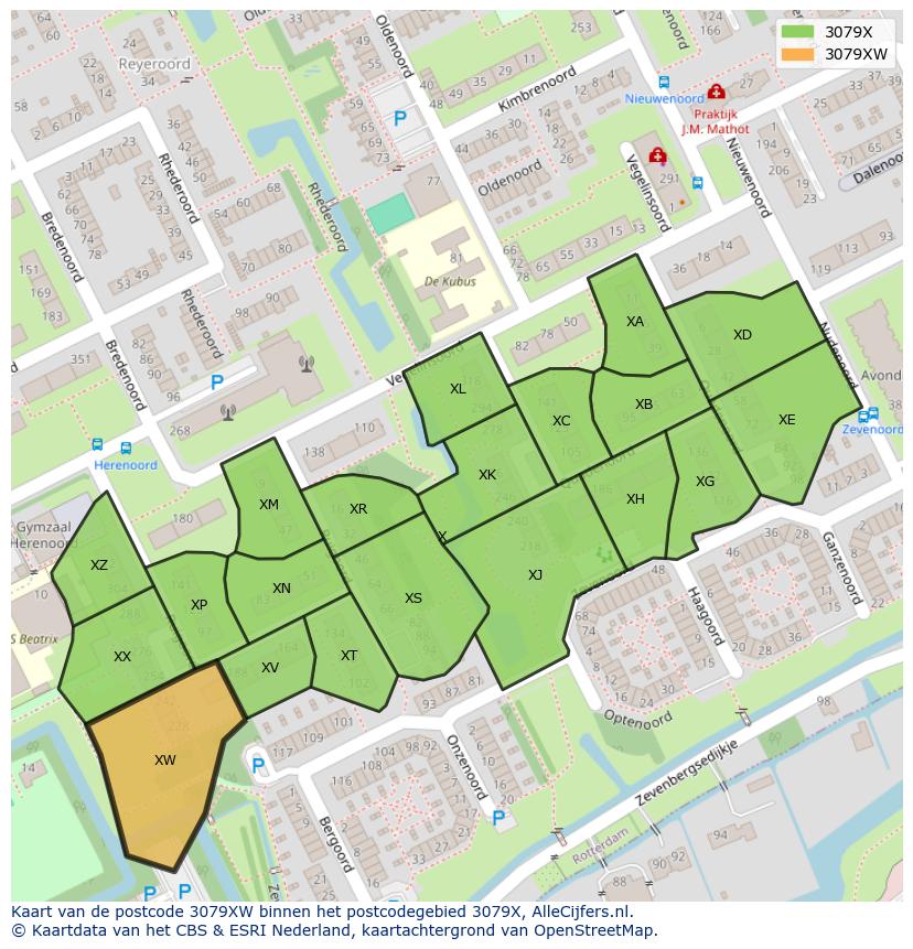 Afbeelding van het postcodegebied 3079 XW op de kaart.