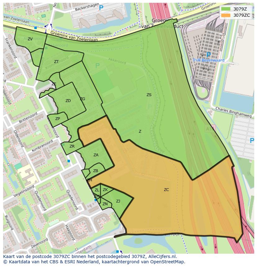 Afbeelding van het postcodegebied 3079 ZC op de kaart.