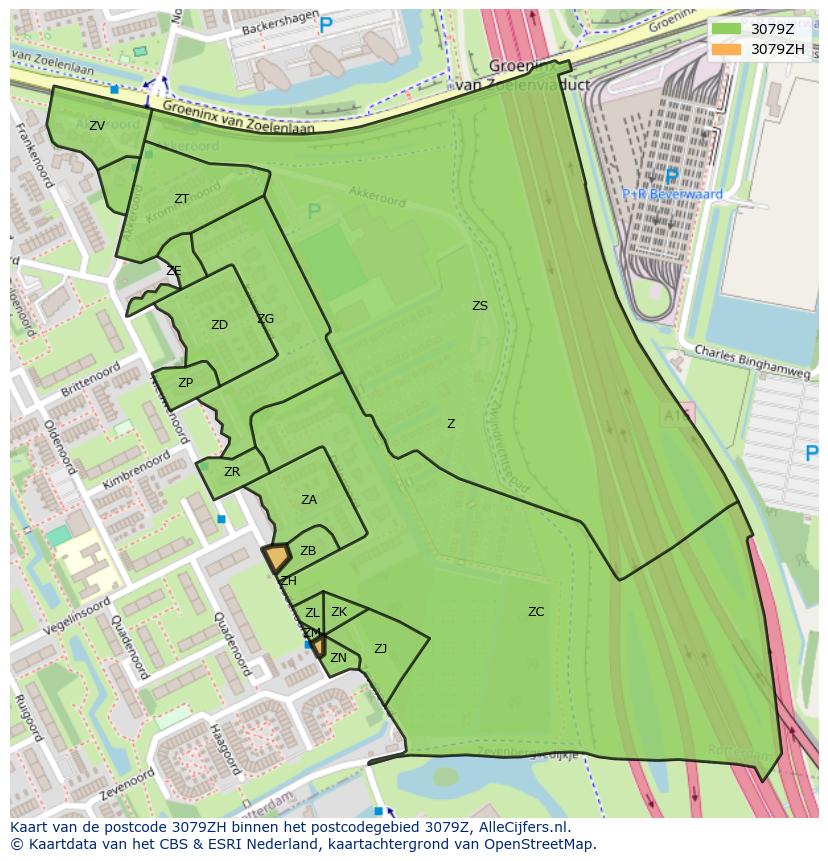 Afbeelding van het postcodegebied 3079 ZH op de kaart.