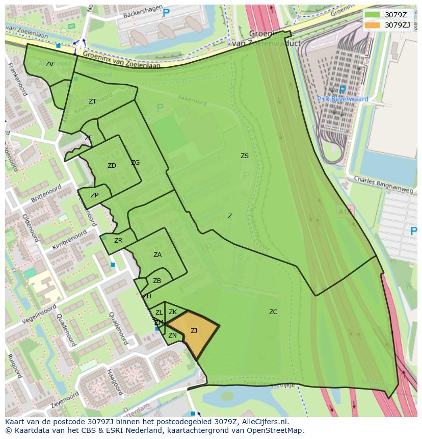 Afbeelding van het postcodegebied 3079 ZJ op de kaart.