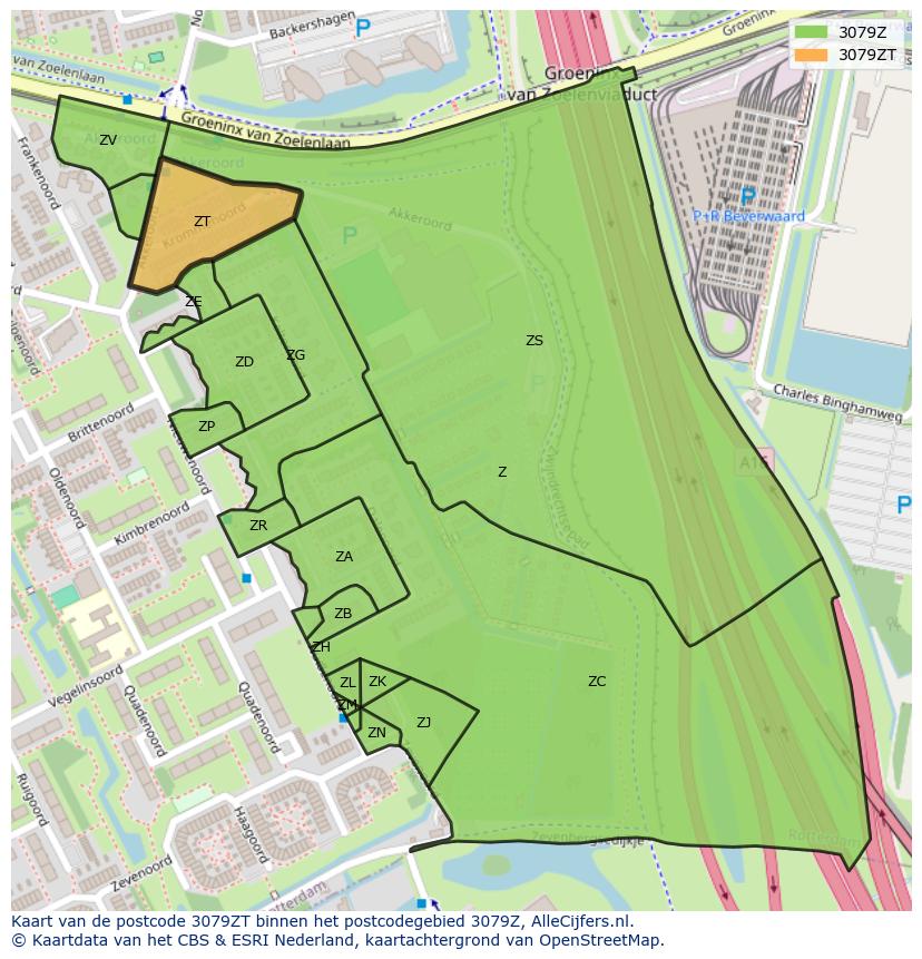 Afbeelding van het postcodegebied 3079 ZT op de kaart.