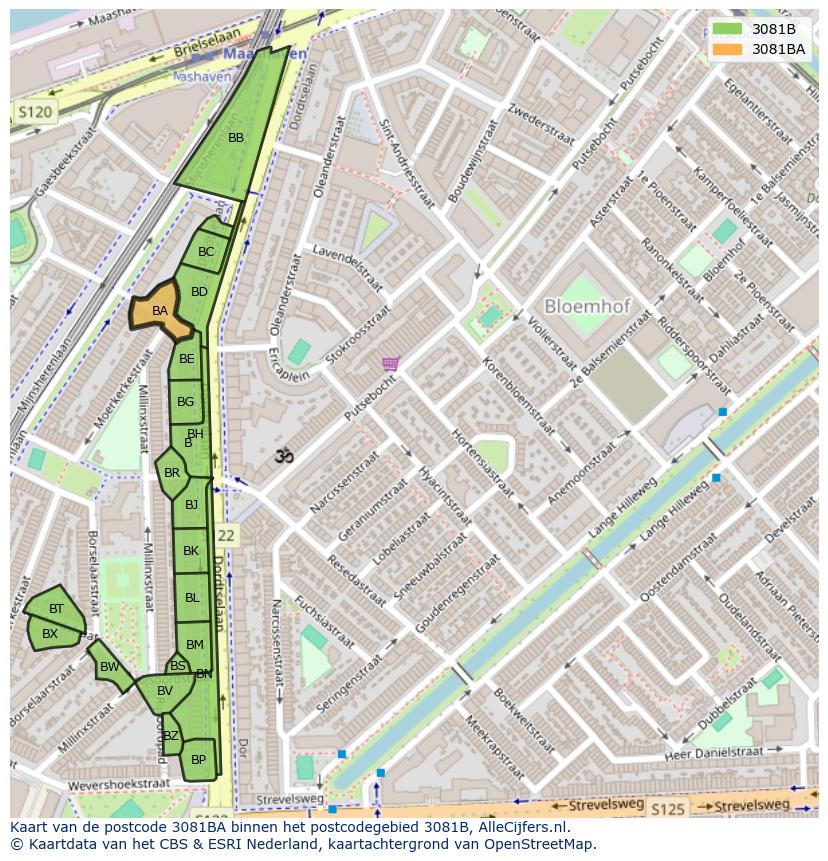 Afbeelding van het postcodegebied 3081 BA op de kaart.