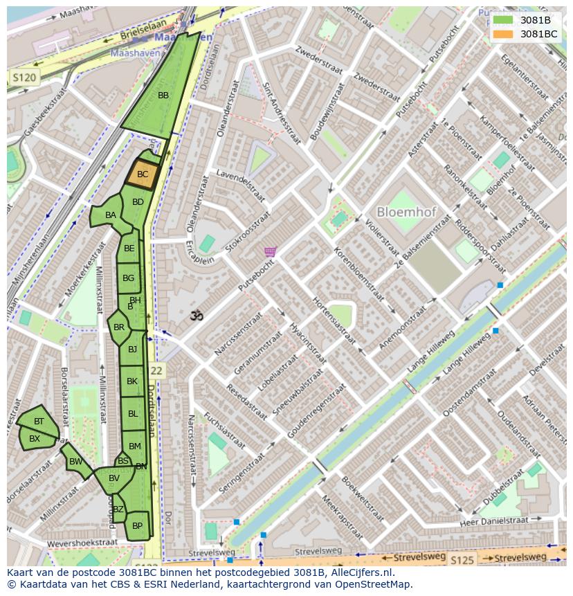 Afbeelding van het postcodegebied 3081 BC op de kaart.