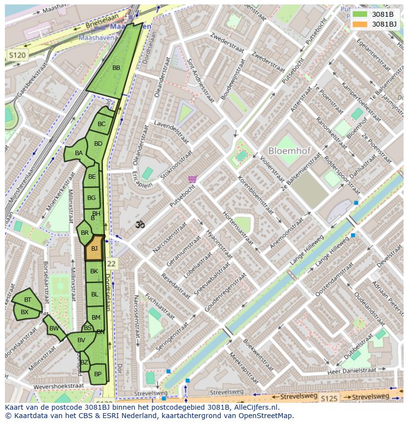 Afbeelding van het postcodegebied 3081 BJ op de kaart.