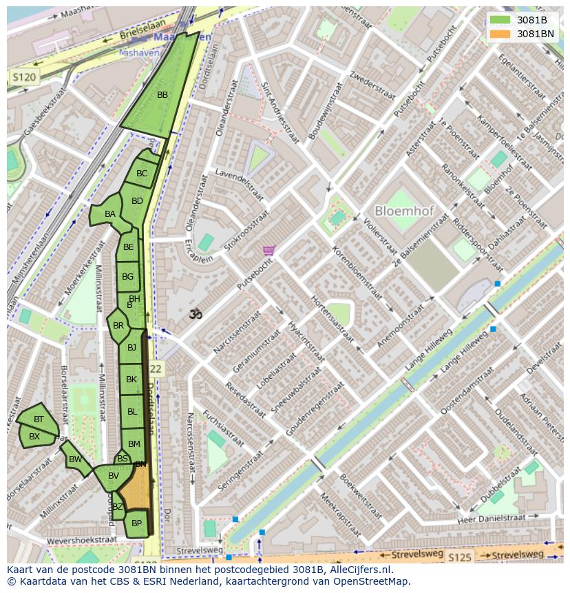 Afbeelding van het postcodegebied 3081 BN op de kaart.