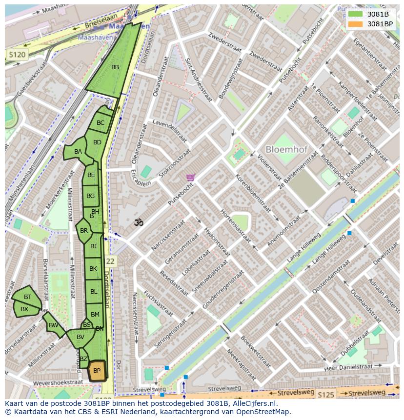 Afbeelding van het postcodegebied 3081 BP op de kaart.