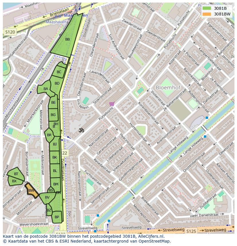 Afbeelding van het postcodegebied 3081 BW op de kaart.