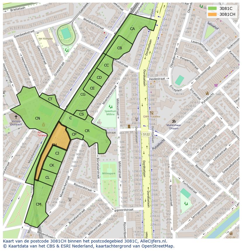Afbeelding van het postcodegebied 3081 CH op de kaart.