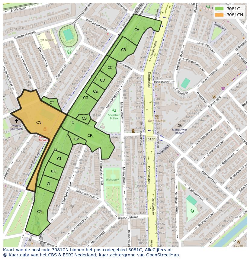 Afbeelding van het postcodegebied 3081 CN op de kaart.