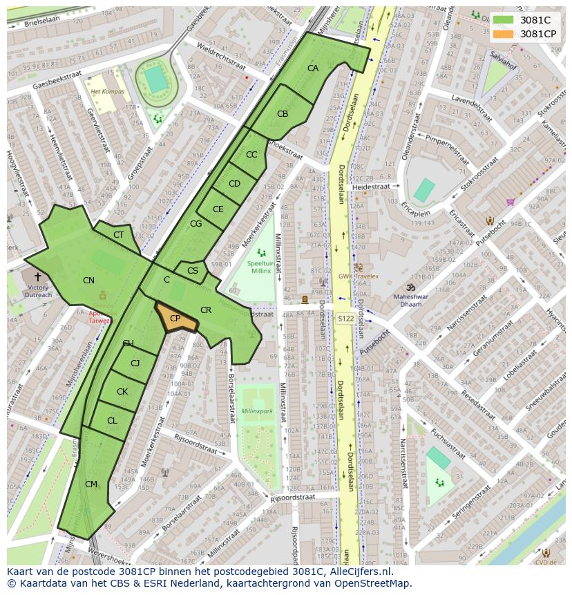 Afbeelding van het postcodegebied 3081 CP op de kaart.
