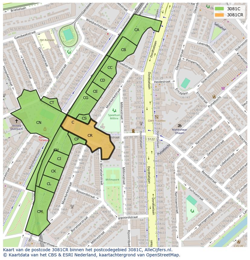 Afbeelding van het postcodegebied 3081 CR op de kaart.