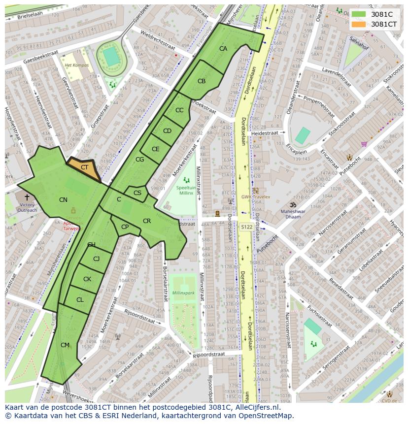 Afbeelding van het postcodegebied 3081 CT op de kaart.