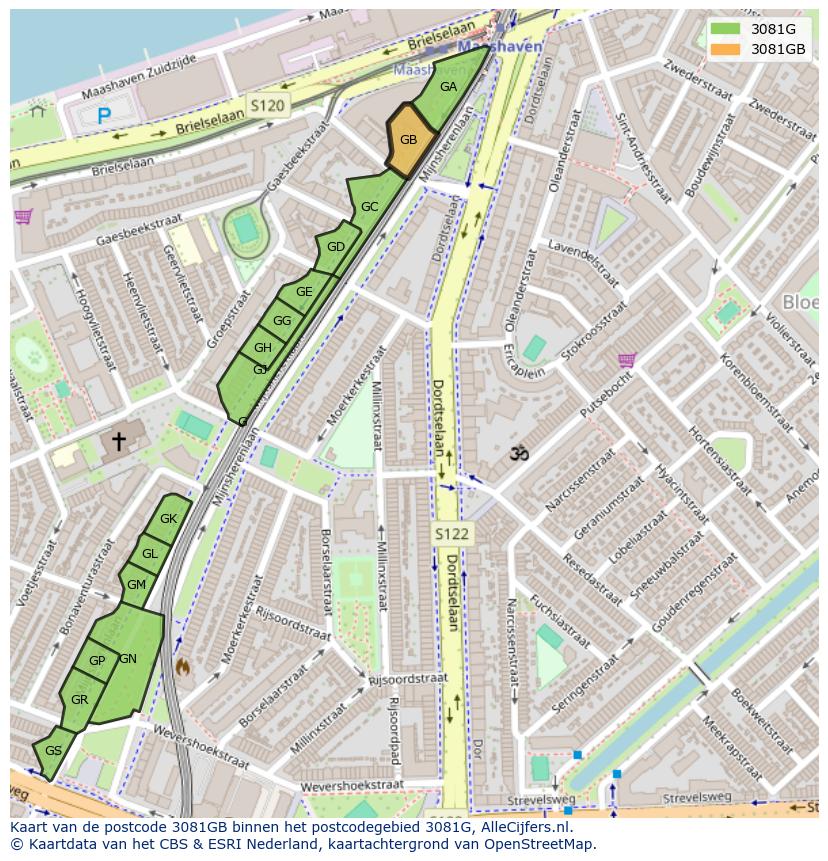 Afbeelding van het postcodegebied 3081 GB op de kaart.