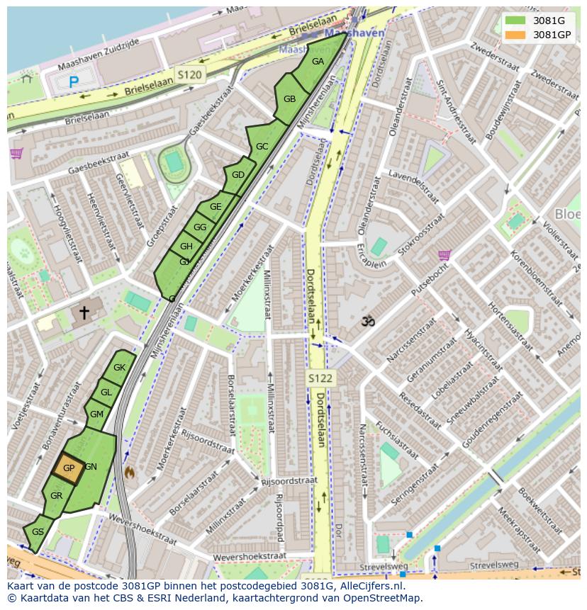 Afbeelding van het postcodegebied 3081 GP op de kaart.