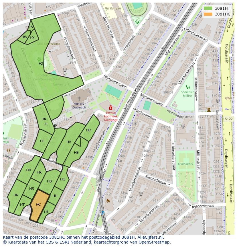 Afbeelding van het postcodegebied 3081 HC op de kaart.