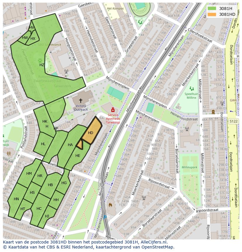 Afbeelding van het postcodegebied 3081 HD op de kaart.