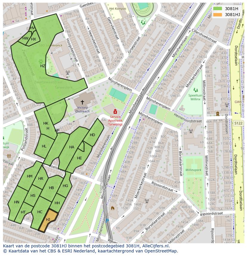 Afbeelding van het postcodegebied 3081 HJ op de kaart.