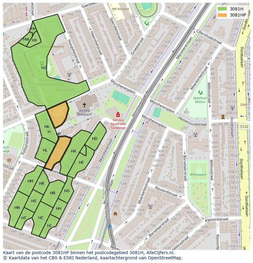 Afbeelding van het postcodegebied 3081 HP op de kaart.