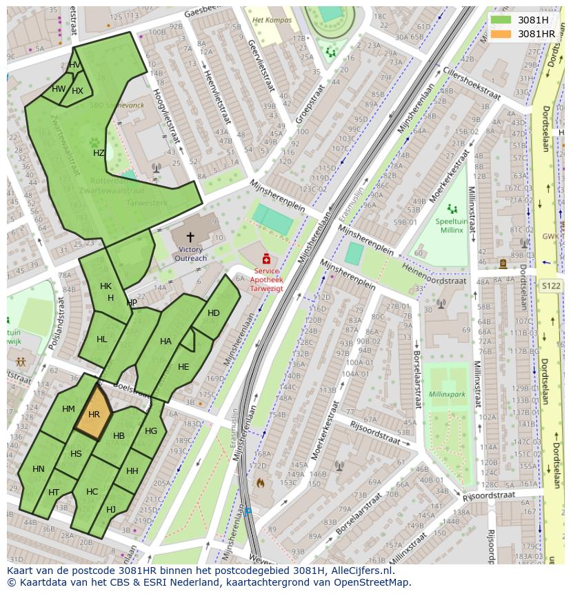 Afbeelding van het postcodegebied 3081 HR op de kaart.