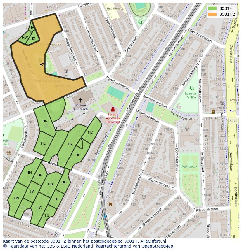 Afbeelding van het postcodegebied 3081 HZ op de kaart.