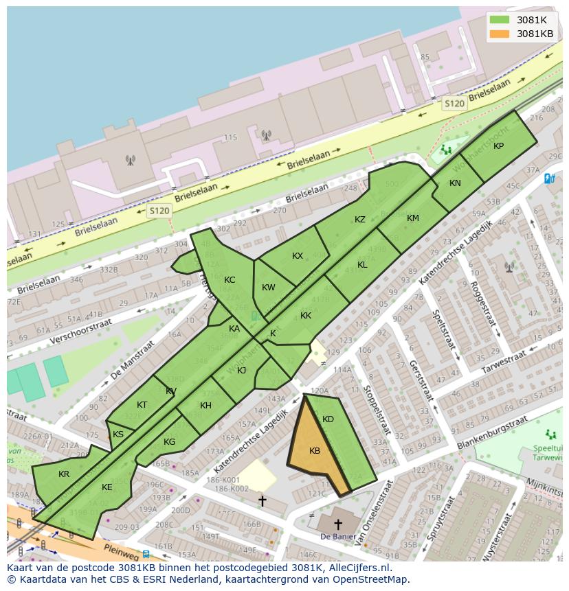 Afbeelding van het postcodegebied 3081 KB op de kaart.