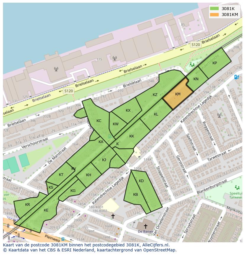 Afbeelding van het postcodegebied 3081 KM op de kaart.