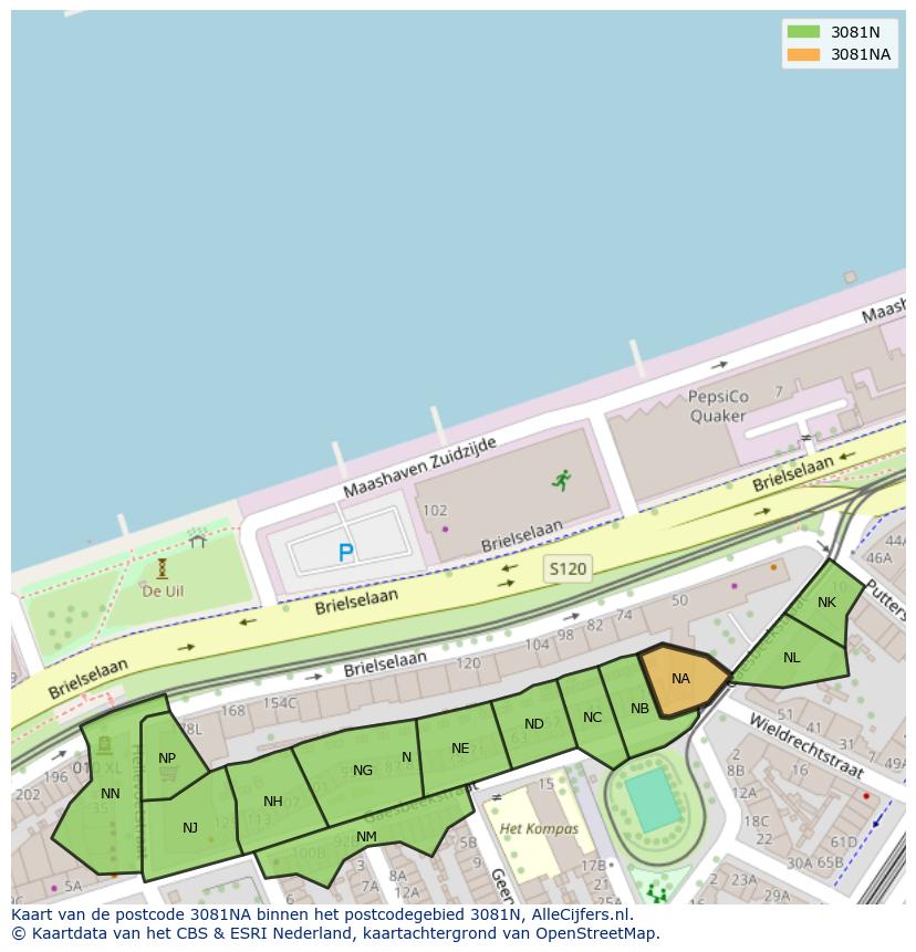 Afbeelding van het postcodegebied 3081 NA op de kaart.
