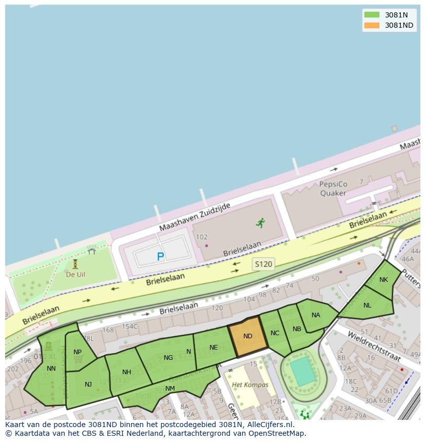 Afbeelding van het postcodegebied 3081 ND op de kaart.
