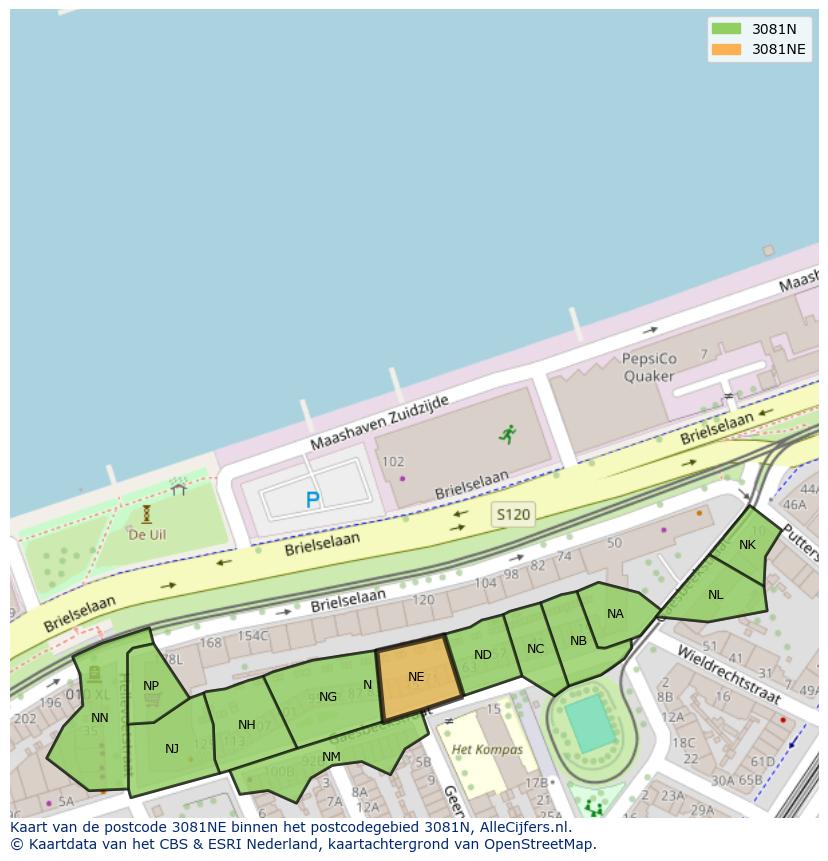 Afbeelding van het postcodegebied 3081 NE op de kaart.