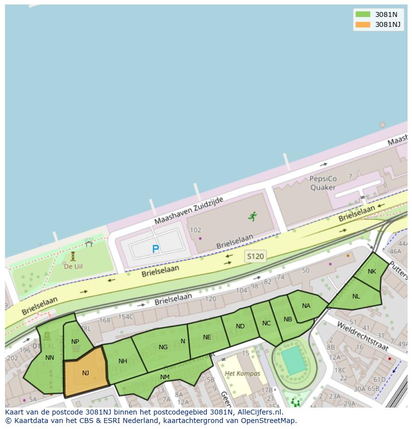 Afbeelding van het postcodegebied 3081 NJ op de kaart.