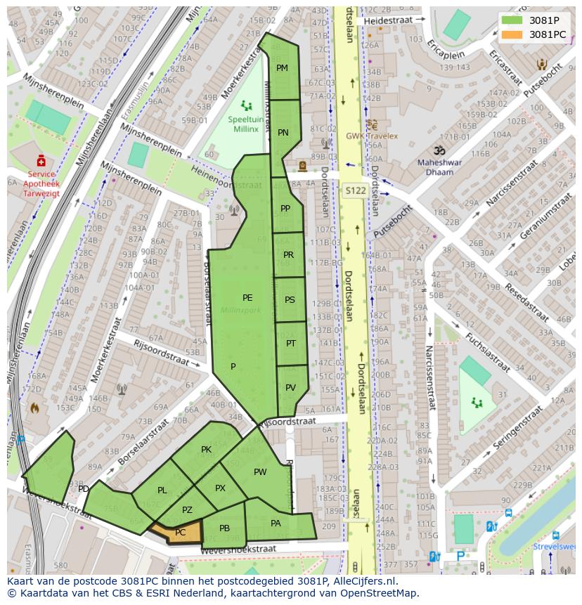 Afbeelding van het postcodegebied 3081 PC op de kaart.