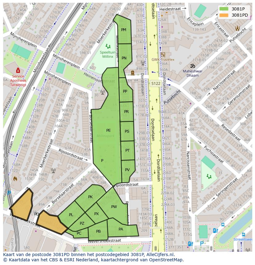 Afbeelding van het postcodegebied 3081 PD op de kaart.