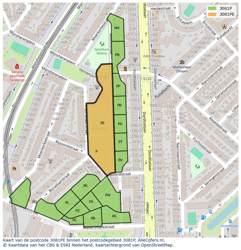 Afbeelding van het postcodegebied 3081 PE op de kaart.