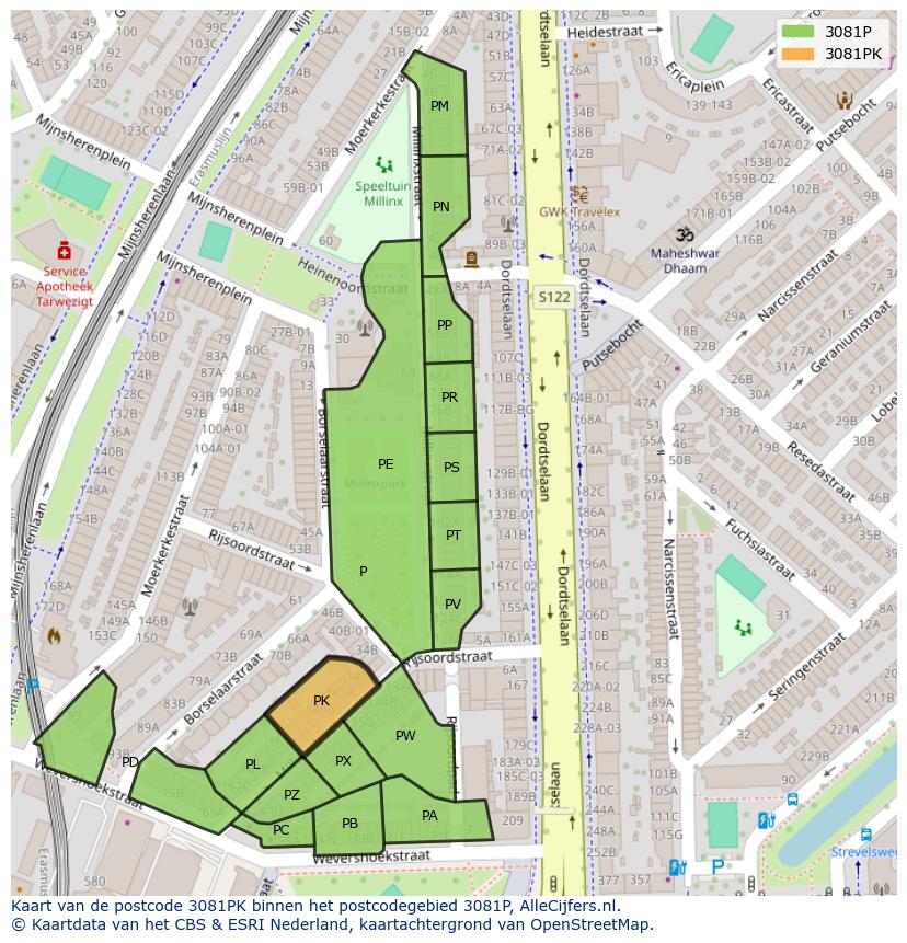Afbeelding van het postcodegebied 3081 PK op de kaart.