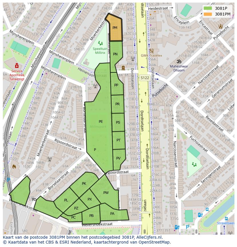 Afbeelding van het postcodegebied 3081 PM op de kaart.