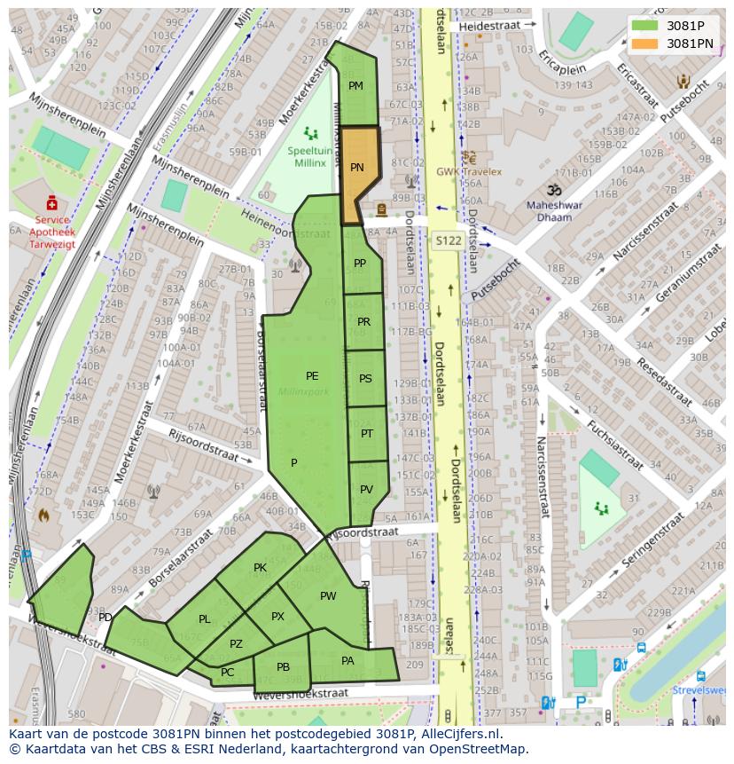 Afbeelding van het postcodegebied 3081 PN op de kaart.