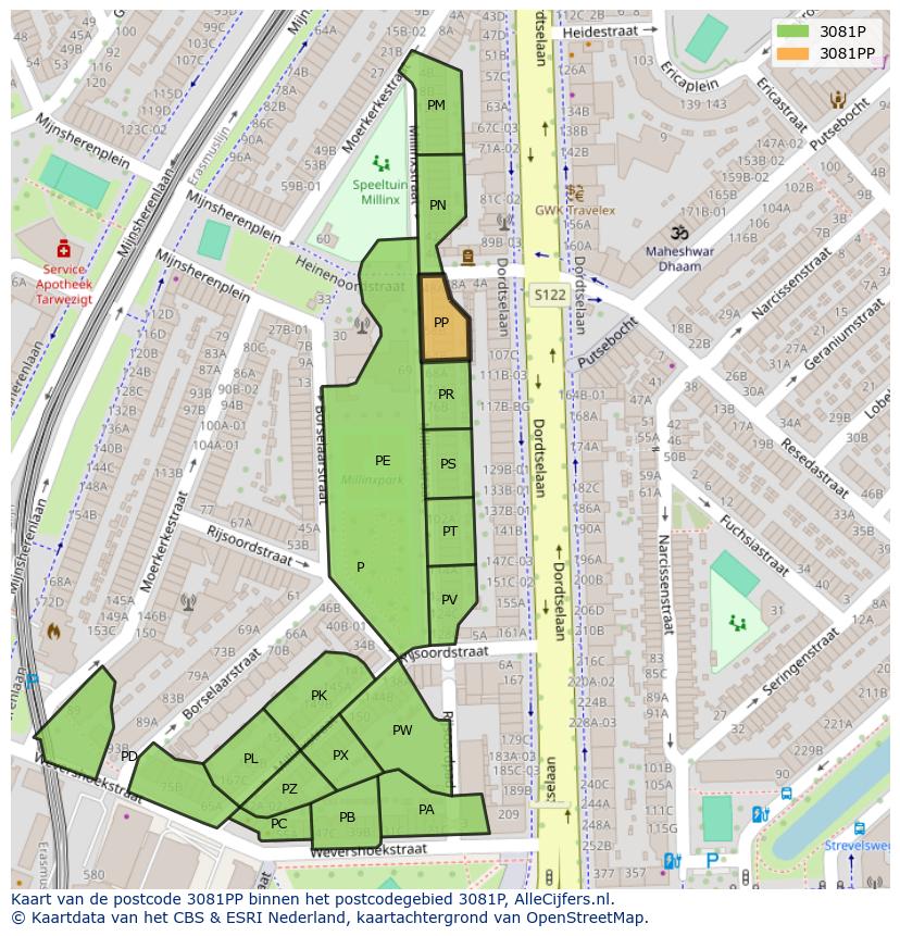 Afbeelding van het postcodegebied 3081 PP op de kaart.