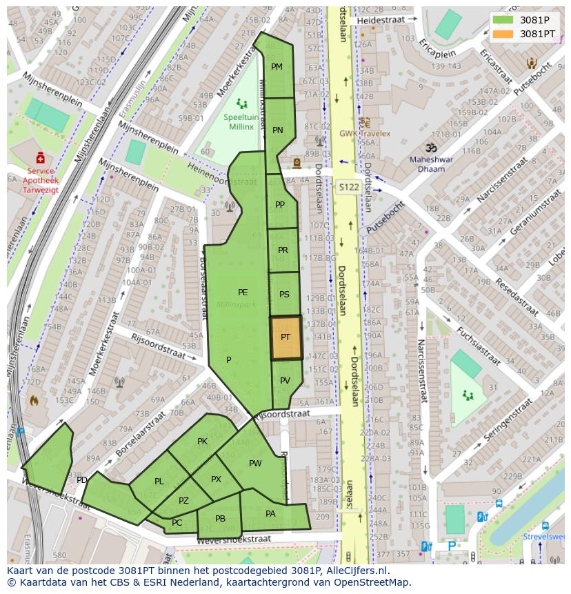 Afbeelding van het postcodegebied 3081 PT op de kaart.