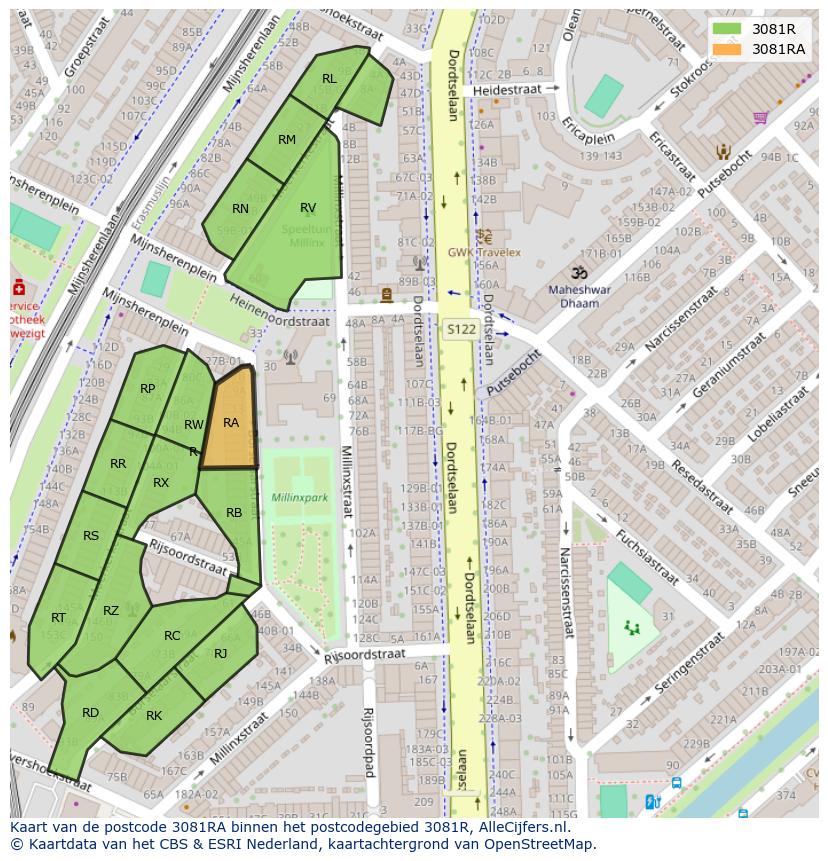 Afbeelding van het postcodegebied 3081 RA op de kaart.