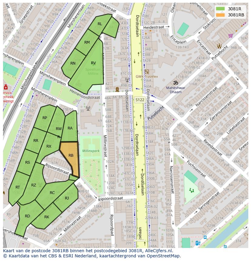 Afbeelding van het postcodegebied 3081 RB op de kaart.