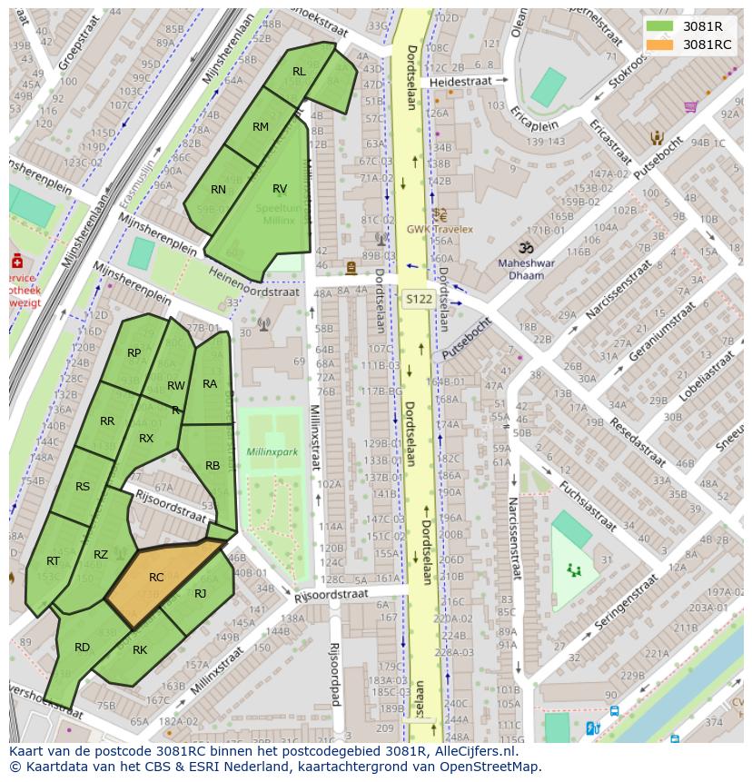 Afbeelding van het postcodegebied 3081 RC op de kaart.